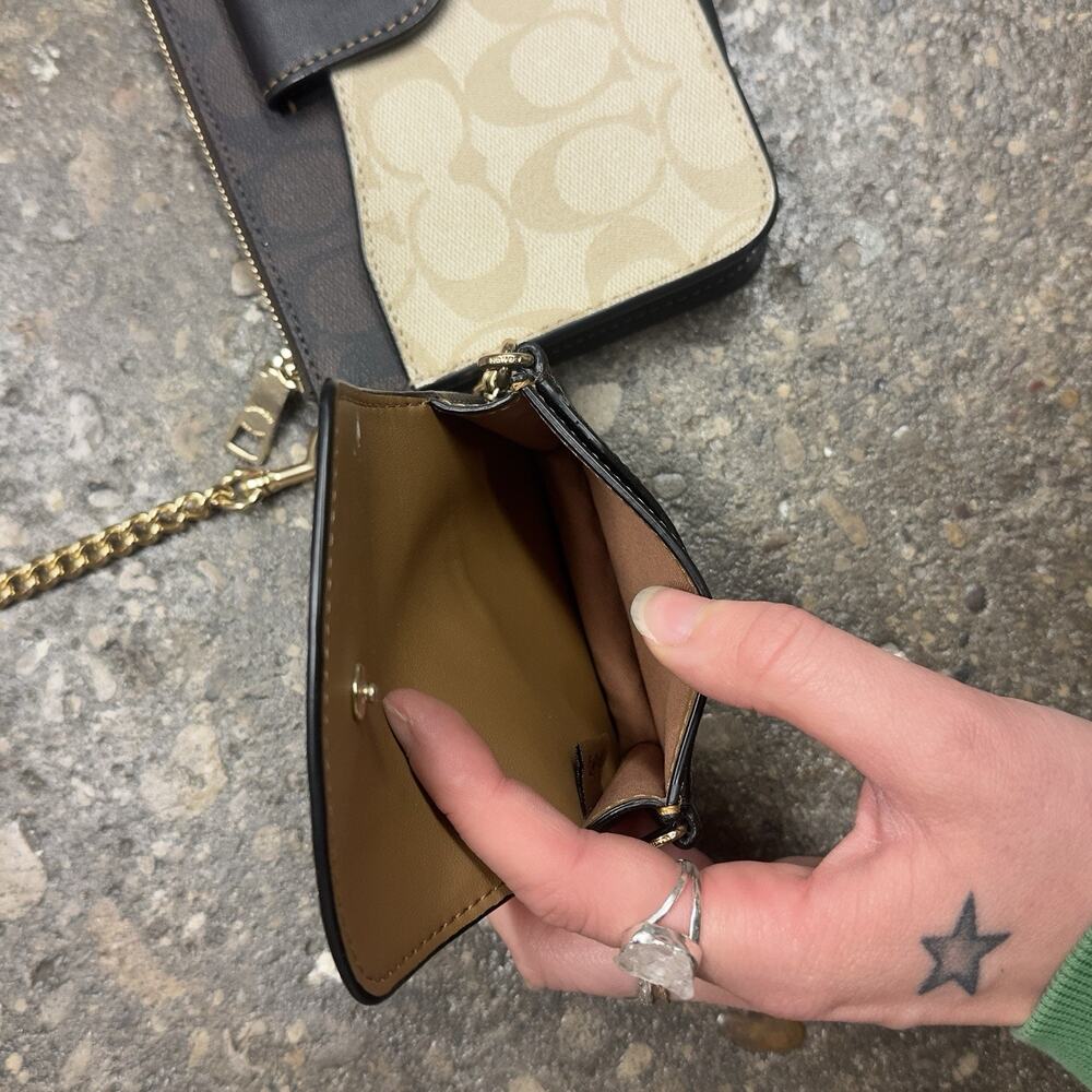 Coach Signature Canvas Black Leather Crossbody Bag + Mini Pouch Gold Chain Set - Picture 6 of 10
